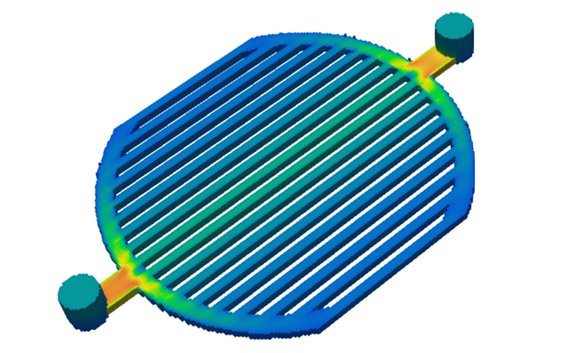 Exemplary velocity distribution of the flux field in the channels of a bipolar plate