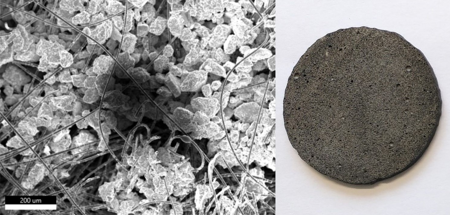 Scanning electron micrograph (left) of a carbon non-woven loaded with catalyst (right)
